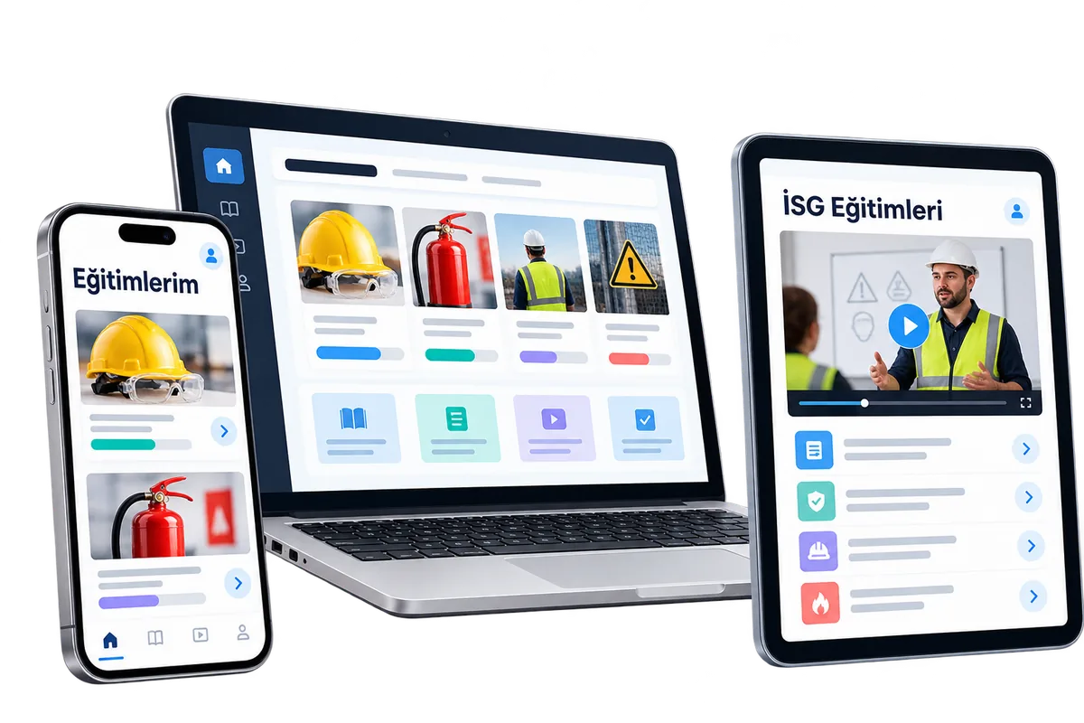 Telefon, tablet ve bilgisayarda İSG eğitimlerini temsil eden görsel
